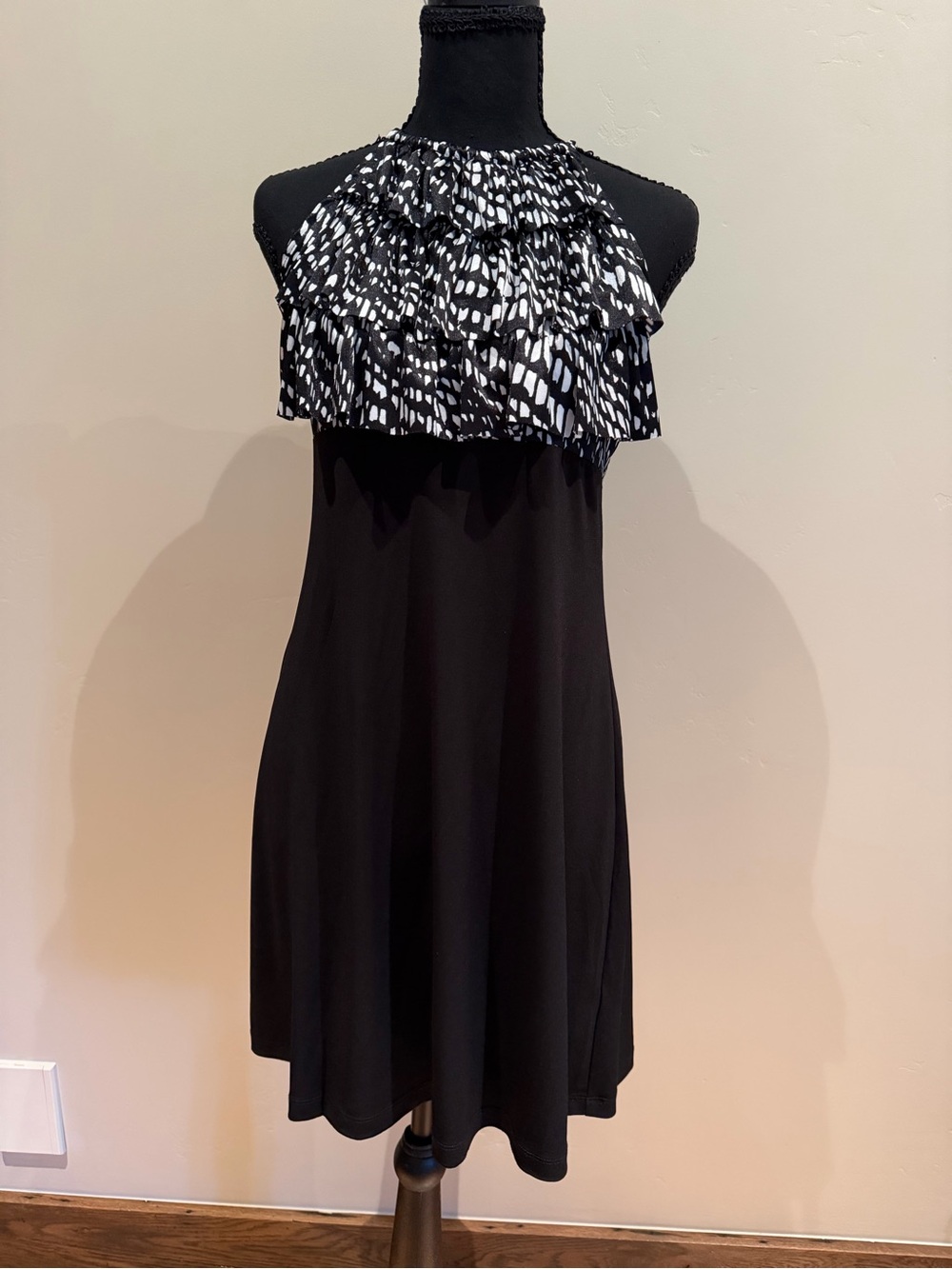 Sweet Storm Black Halter Dress with Monochrome Ruffle Yoke